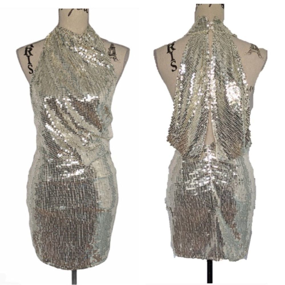 ASOS Sequin Embellished High Neck Open Back Draped Mini Dress in Silver Womens 6